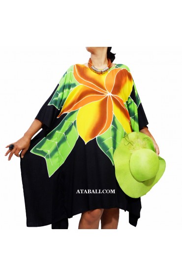 Poncho Top Dress Black Orange Flower Handpainting Made in Bali